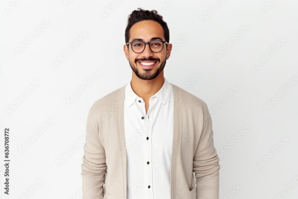 Handsome young man in glasses looking at camera and smiling while standing against white background Handsome young man in glasses looking at camera and smiling while standing against white background
