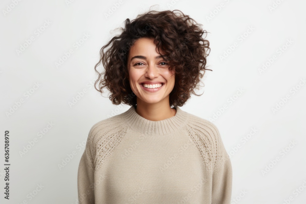 Portrait of a beautiful young woman with curly hair smiling at camera Portrait of a beautiful young woman with curly hair smiling at camera