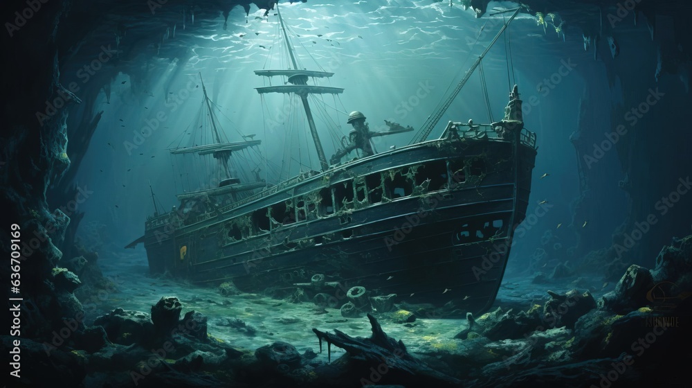 A sunken ship at the bottom of the dark depths of the ocean. Created using generative AI technology. A sunken ship at the bottom of the dark depths of the ocean. Created using generative AI technology.