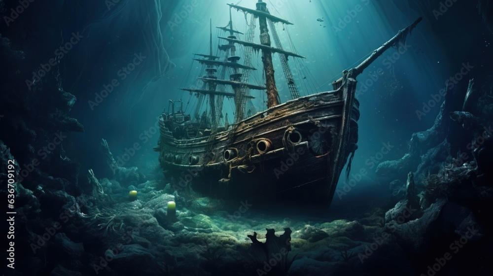 A sunken ship at the bottom of the dark depths of the ocean. Created using generative AI technology. - obrazy, fototapety, plakaty 