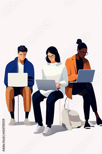 Generative AI illustration of group of young people working in an office with laptop.
