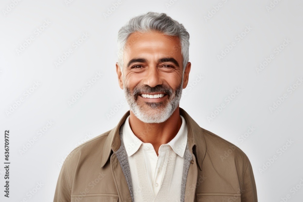 Handsome middle-aged man with gray hair smiling at camera Handsome middle-aged man with gray hair smiling at camera