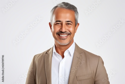 Portrait of happy mature Indian man smiling and looking at camera.