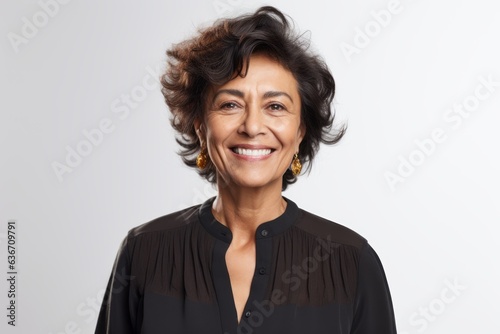 Close up portrait of smiling mature businesswoman with curly hair, looking at camera, standing over white background.