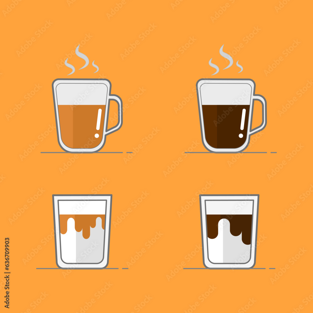 A glass of famous beverages (Hot Thai milk tea, Hot Americano, Thai Milk tea with layered, and Dirty Coffee with Layered).