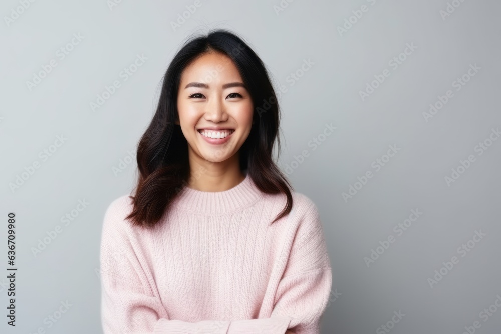 Portrait of a smiling young asian woman standing over gray background Portrait of a smiling young asian woman standing over gray background