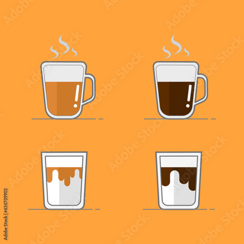 A glass of famous beverages (Hot Thai milk tea, Hot Americano, Thai Milk tea with layered, and Dirty Coffee with Layered).