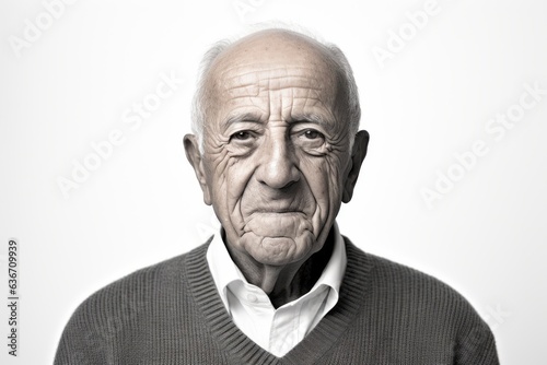 Portrait of an old man with a grey sweater on a white background