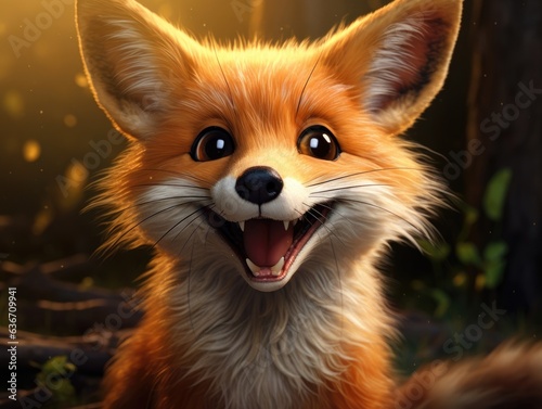 a cute and happy fox with eyes wide open in cartoon style