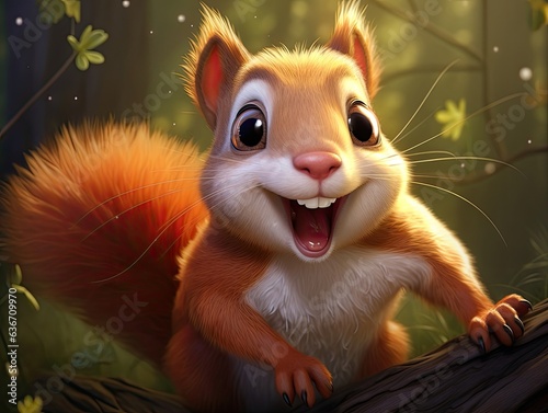 a cute and happy squirrel with eyes wide open in cartoon style