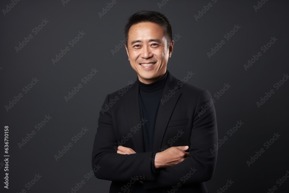 Portrait of smiling asian man in black suit on black background Portrait of smiling asian man in black suit on black background