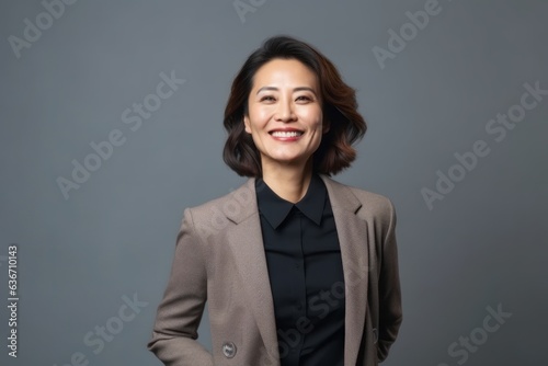Portrait of a smiling asian business woman on grey background.