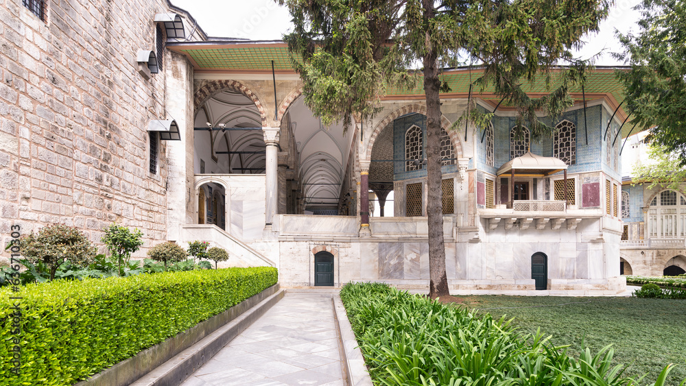 Exterior shot of Baghdad Kiosk, or Bagdat Kosku, located at the Fourth Courtyard of Topkapi Palace, Istanbul, Turkey