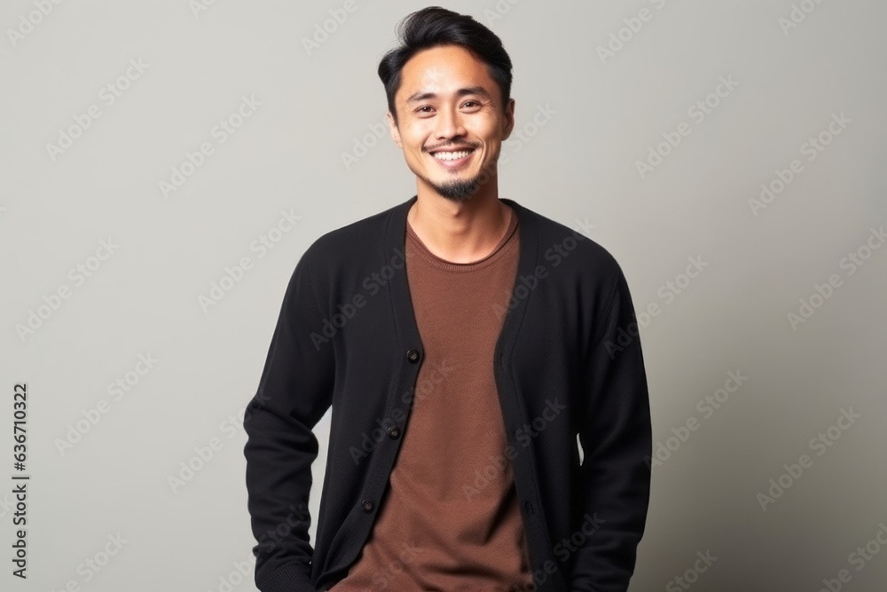 Portrait of a happy young asian man standing against gray background Portrait of a happy young asian man standing against gray background