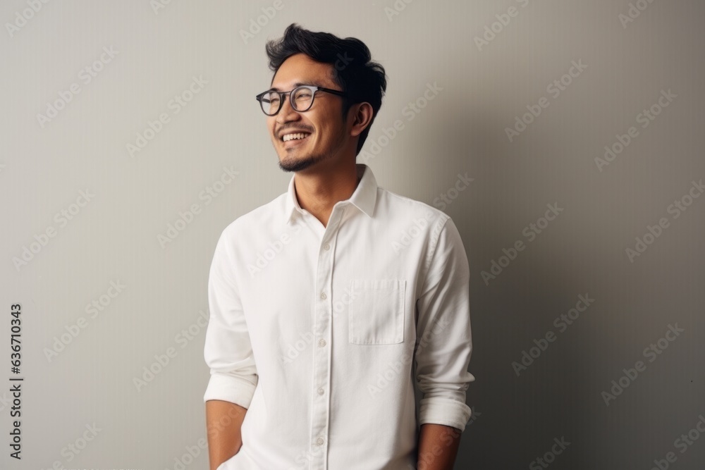 Portrait of a smiling young man in eyeglasses standing against grey background Portrait of a smiling young man in eyeglasses standing against grey background