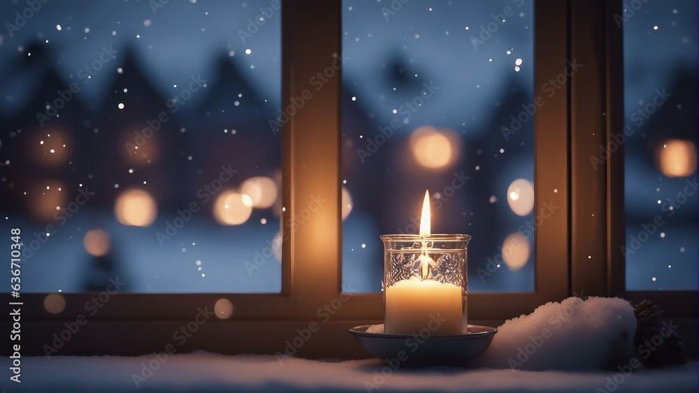 Fototapeta premium crisp image of a single lit candle, gently flickering in a quiet room adorned with minimalistic holiday decorations. Emphasize the warm glow of the flame against the serene background.