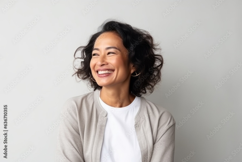 Cheerful young woman laughing and looking at camera over white background Cheerful young woman laughing and looking at camera over white background