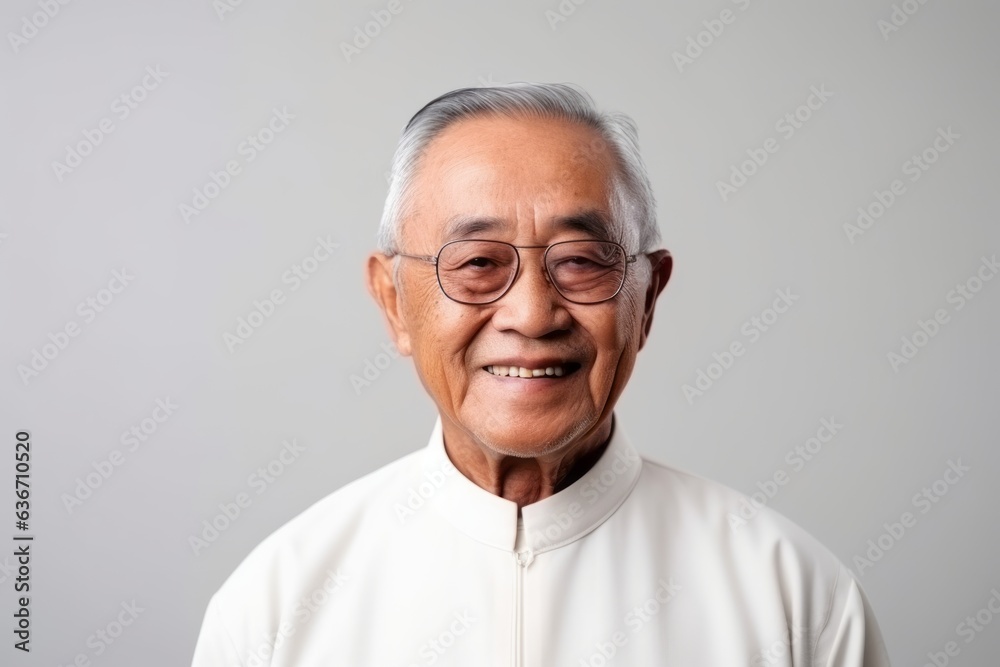 Fototapeta premium Portrait of a senior asian man wearing eyeglasses on grey background