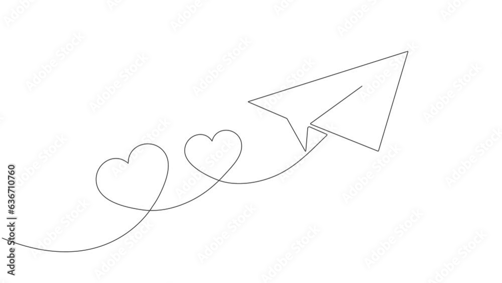 Lovers hearts.Paper airplane is flying.One line drawing. Lovers hearts.Paper airplane is flying.One line drawing.
