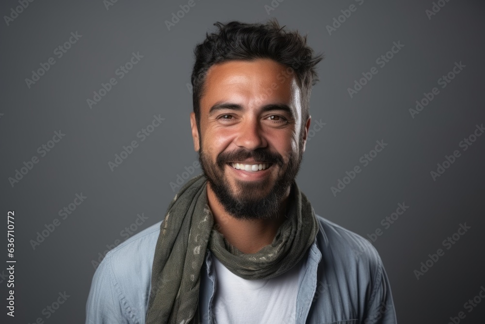 Portrait of a handsome young man with beard and scarf on grey background Portrait of a handsome young man with beard and scarf on grey background