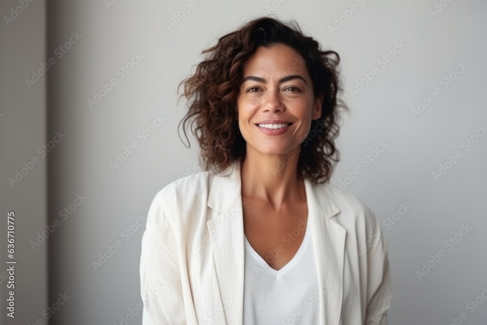 Medium shot portrait of a Brazilian woman in her 40s in a minimalist or empty room background wearing a chic cardigan Medium shot portrait of a Brazilian woman in her 40s in a minimalist or empty room background wearing a chic cardigan