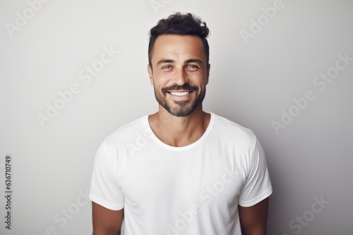 Lifestyle portrait of a Brazilian man in his 30s in a minimalist or empty room background wearing a simple tunic