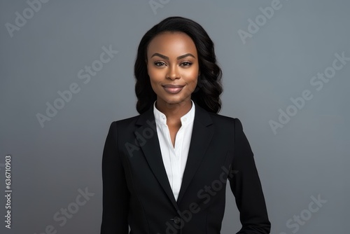 smiling african american businesswoman in suit, isolated on grey