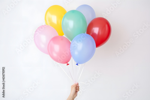 hand holding a bunch of colorful balloons