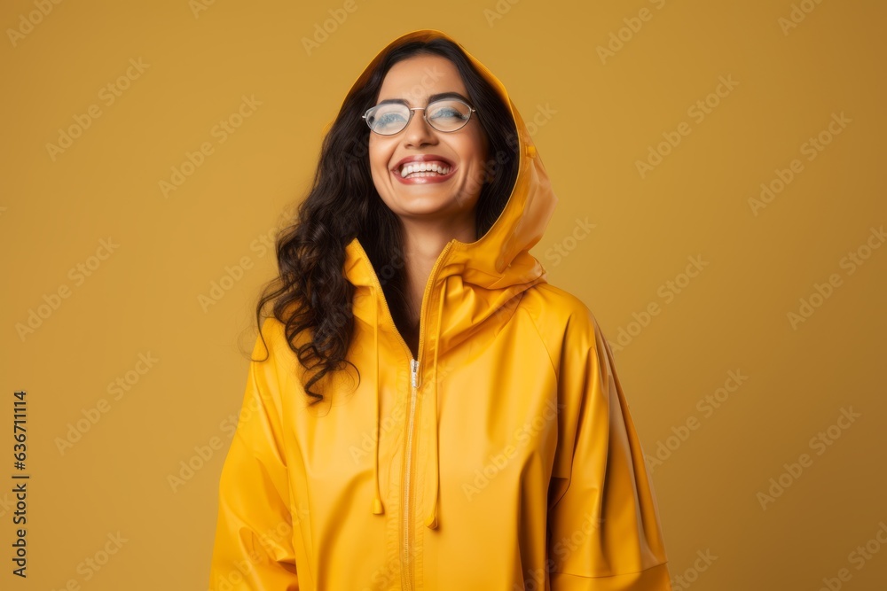 happy african american woman in yellow raincoat and eyeglasses happy african american woman in yellow raincoat and eyeglasses