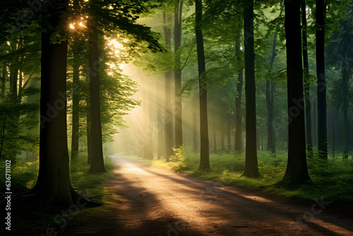 A beautiful forest with sunlight shining through.