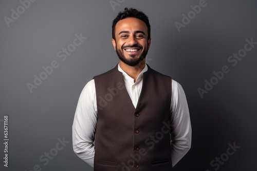 Portrait of a happy young indian man smiling against grey background