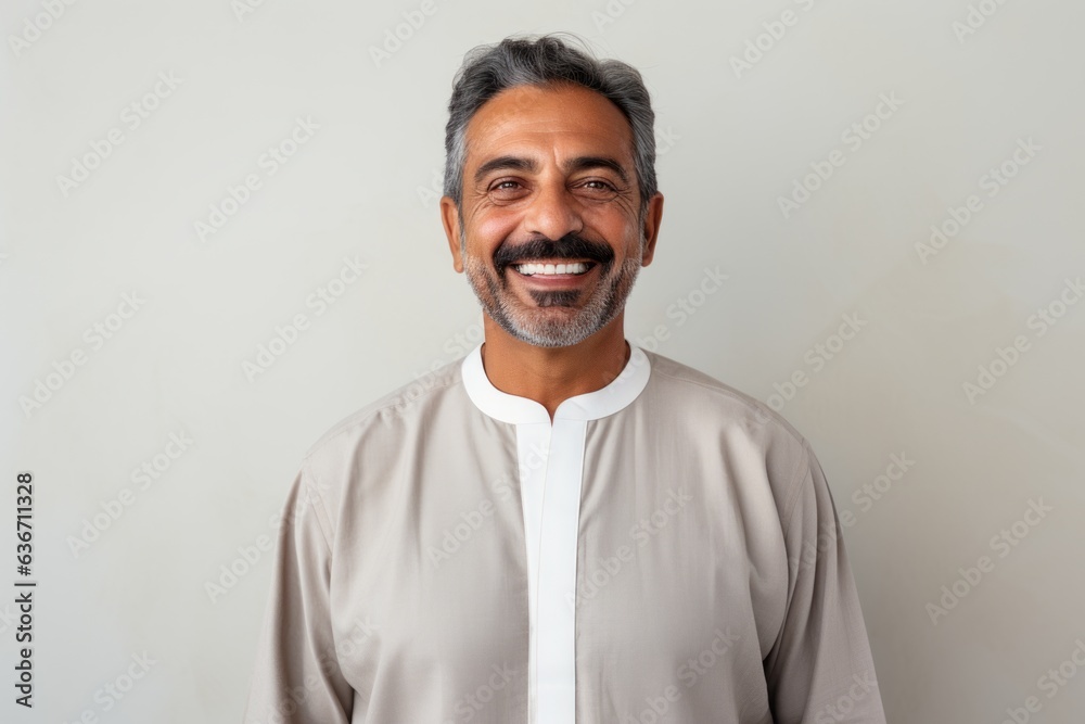 Portrait of Indian man smiling and looking at camera against grey background Portrait of Indian man smiling and looking at camera against grey background