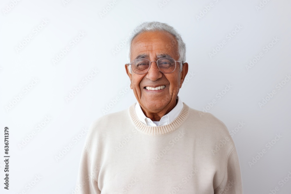 Portrait of happy senior man in eyeglasses smiling at camera while standing against white background Portrait of happy senior man in eyeglasses smiling at camera while standing against white background