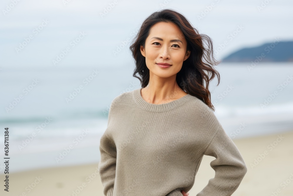 Portrait of a beautiful woman standing on the beach looking at camera Portrait of a beautiful woman standing on the beach looking at camera