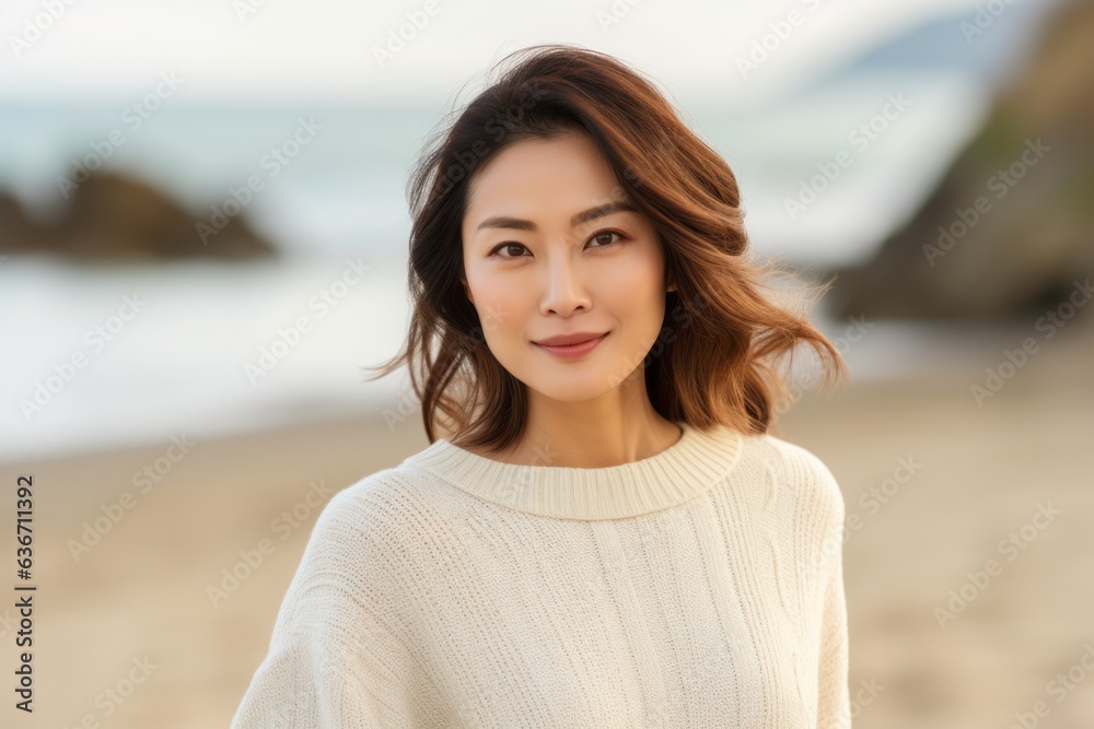 Portrait of a beautiful asian woman smiling and looking at camera on the beach Portrait of a beautiful asian woman smiling and looking at camera on the beach