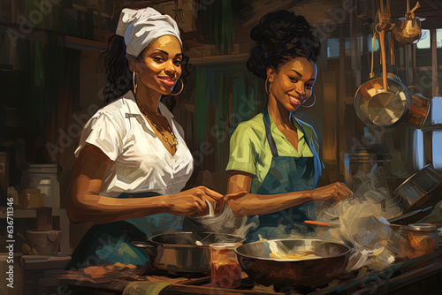Generative AI illustration of couple of beautiful black women cooking together