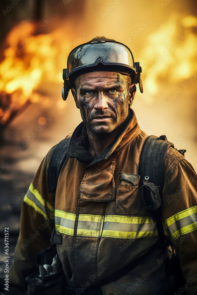 Generative AI illustration of a firefighter putting out a fire in the forest surrounded by flames Generative AI illustration of a firefighter putting out a fire in the forest surrounded by flames