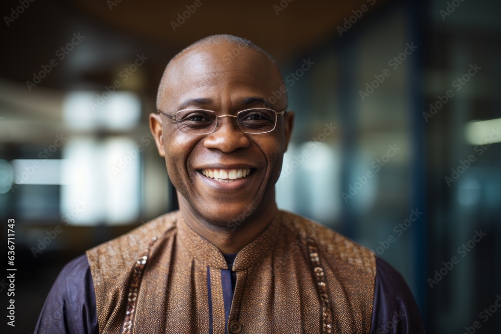 Portrait of smiling businessman with eyeglasses in corridor at office Portrait of smiling businessman with eyeglasses in corridor at office