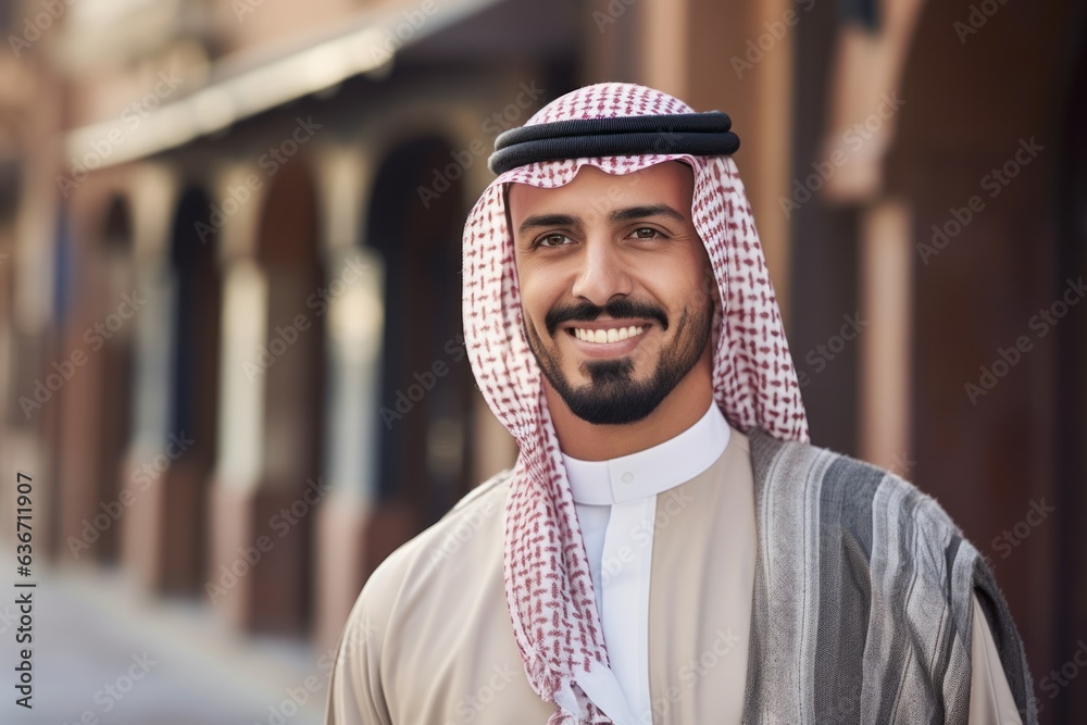 Portrait of a young arabian man in traditional clothes outdoors