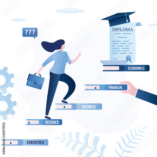 Woman student climbing up to top, big helping teacher hand give part of ladder to reach higher. Mentorship, learning assistance, a tutor helps to get a diploma or degree.