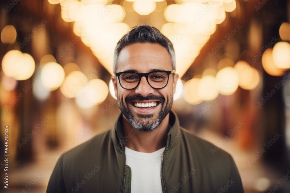 Portrait of a handsome middle-aged man wearing eyeglasses and smiling at the camera in the city Portrait of a handsome middle-aged man wearing eyeglasses and smiling at the camera in the city