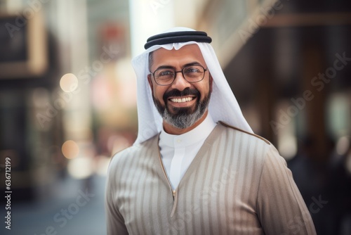 Portrait of smiling arabian businessman with eyeglasses in city