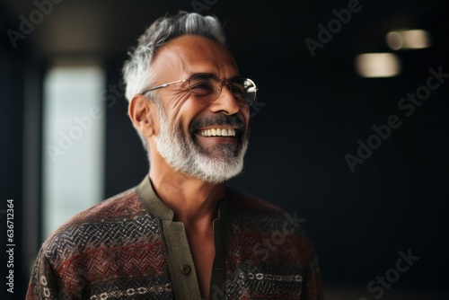 Lifestyle portrait of a Saudi Arabian man in his 50s in an abstract background wearing a chic cardigan