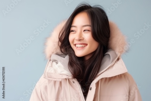 Beautiful young asian woman wear winter jacket on blue background. © Anne-Marie Albrecht