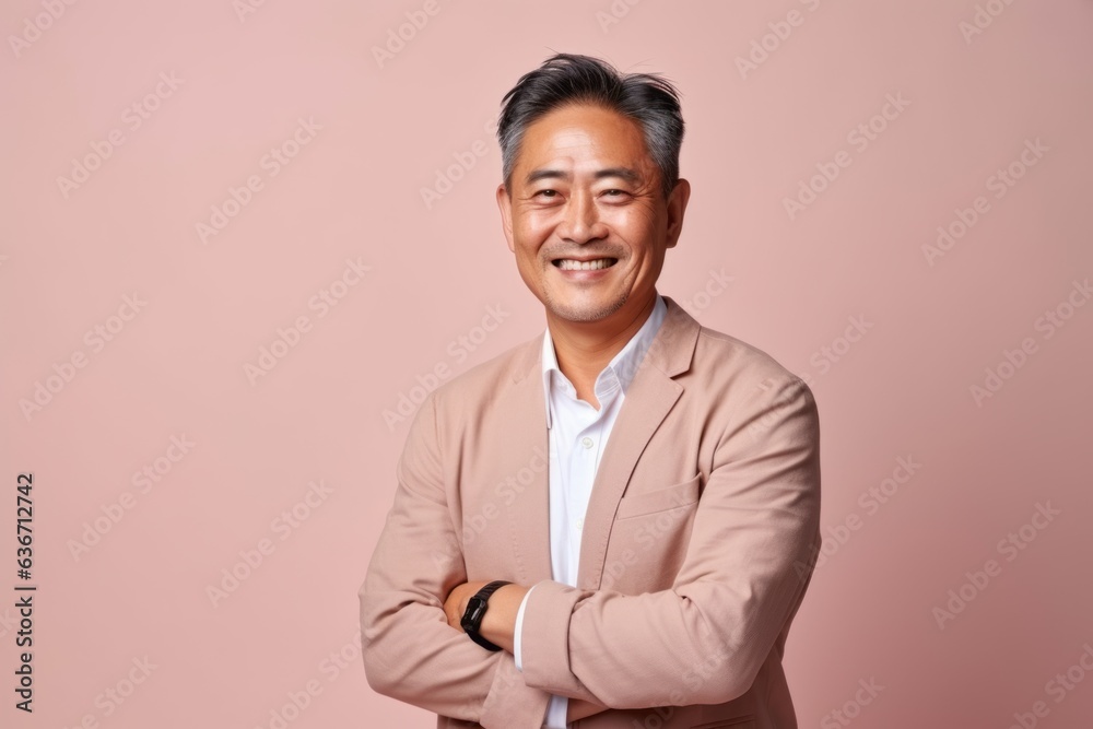 Portrait of a happy mature Asian businessman standing on a pink background Portrait of a happy mature Asian businessman standing on a pink background