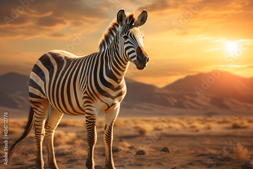 Zebra standing at desert with sunset. Animal background. 