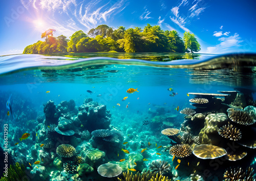 Tropical water with corals and colorful fishes, and a palm tree beach in the background. Concept of the tropics, warmth and vacation time. Half underwater and half above water. Shallow field of view. © henjon