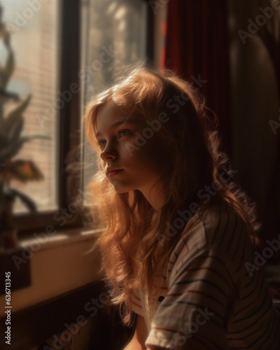 Beautiful and melancholy girl, sitting in a daze by the window at home, in the afternoon sunshine