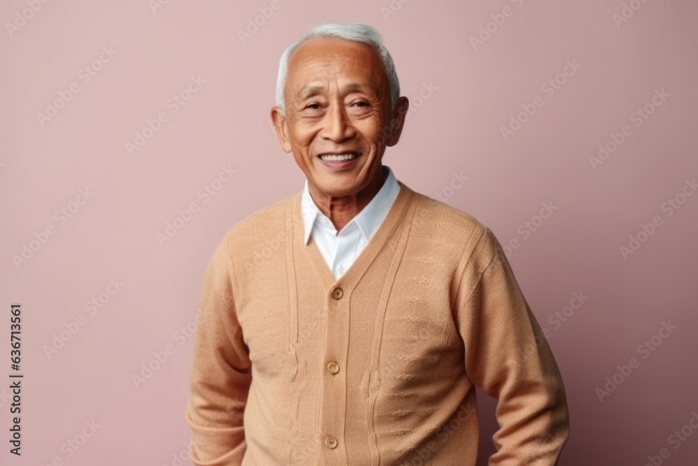 Portrait of a smiling senior asian man standing against pink background Portrait of a smiling senior asian man standing against pink background