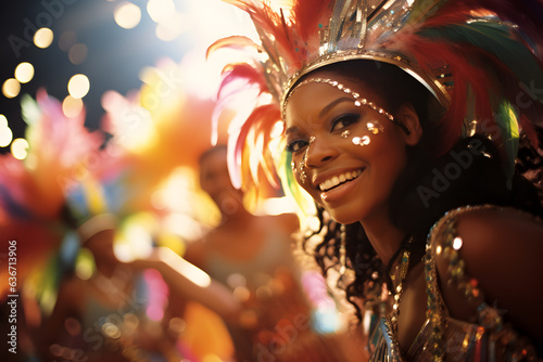 A vibrant scene of a carnival procession with people wearing carnival costume photo